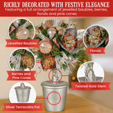 NNEDSZ Christabelle 36cm Christmas Tabletop Topiary Tree Jewelled Baubles, Berries, Flowers and Pine Cones Festive Decoration