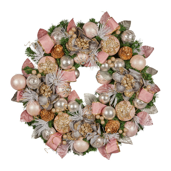 NNEDSZ Christabelle 71cm Christmas Wreath Lush Pink Front Door Decoration Jewelled Baubles Flowers Pine Cones Ribbons Ornaments