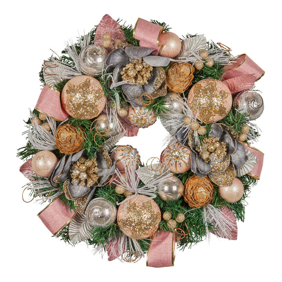 NNEDSZ Christabelle 56cm Christmas Wreath Lush Pink Front Door Decoration Jewelled Baubles Flowers Pine Cones Ribbons Ornaments