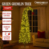 Christabelle 2.3m 7.5ft Pre-Lit Gremlin Curved Christmas Tree Green White LED Lights Red Baubles Indoor Xmas Decor