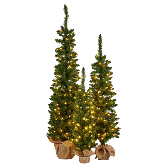 NNEDSZ Christabelle Set of 3 Pre-Lit Christmas Trees Green Pine w/LED Lights, Hessian Base & Individual Plugs Varying Heights