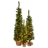 NNEDSZ Christabelle Set of 3 Pre-Lit Christmas Trees Green Pine w/LED Lights, Hessian Base & Individual Plugs Varying Heights