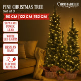 NNEDSZ Christabelle Set of 3 Pre-Lit Christmas Trees Green Pine w/LED Lights, Hessian Base & Individual Plugs Varying Heights