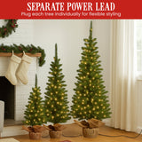 NNEDSZ Christabelle Set of 3 Pre-Lit Christmas Trees Green Pine w/LED Lights, Hessian Base & Individual Plugs Varying Heights