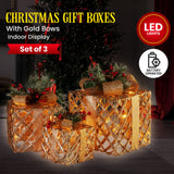 NNEDSZ Swishmas Set of 3 Christmas Gift Boxes Display With Lights in Champagne and Gold