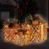 NNEDSZ Swishmas Set of 3 Christmas Gift Boxes Display With Lights in Champagne and Gold