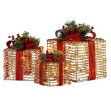 NNEDSZ Swishmas Set Of 3 Christmas Gift Boxes With Lights - Champagne With Red Bows