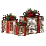 NNEDSZ Swishmas Set Of 3 Christmas Gift Boxes With Lights - Champagne With Red Bows