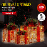 NNEDSZ Swishmas Set Of 3 Christmas Gift Boxes With Lights - Champagne With Red Bows