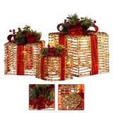 NNEDSZ Swishmas Set Of 3 Christmas Gift Boxes With Lights - Champagne With Red Bows