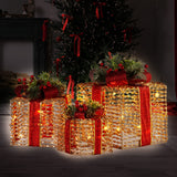 NNEDSZ Swishmas Set Of 3 Christmas Gift Boxes With Lights - Champagne With Red Bows
