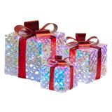 NNEDSZ Swishmas Set of 3 Christmas Gift Boxes With Lights - Clear Shimmer With Red Bows