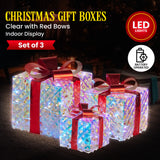 NNEDSZ Swishmas Set of 3 Christmas Gift Boxes With Lights - Clear Shimmer With Red Bows
