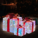 NNEDSZ Swishmas Set of 3 Christmas Gift Boxes With Lights - Clear Shimmer With Red Bows