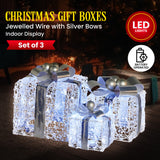 NNEDSZ Swishmas Set Of 3 Christmas Gift Boxes With Lights With Jewelled Wire And Silver Bows