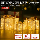 NNEDSZ Christabelle Set of 3 Battery Operated Golden Christmas Gift Boxes w/Warm White LED Lights Indoor Decorative Holiday