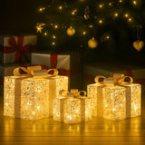 NNEDSZ Christabelle Set of 3 Battery Operated Golden Christmas Gift Boxes w/Warm White LED Lights Indoor Decorative Holiday