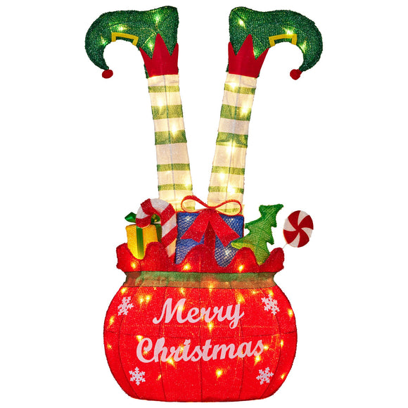 NNEDSZ Christabelle Elf in Gift Sack Christmas Display Warm White LED Lights 86cm for Decoration w/Wire Frame Construction
