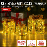 NNEDSZ Christabelle Set of 3 Christmas Gift Box Display Gold with LED Lights and Bows Decoration Ornament Present