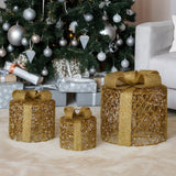 NNEDSZ Christabelle Set of 3 Christmas Gift Box Display Gold with LED Lights and Bows Decoration Ornament Present