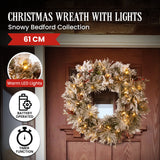 NNEDSZ Christabelle 61cm Snowy Christmas Wreath Bedford with LED Lights Front Door Decoration Ornament