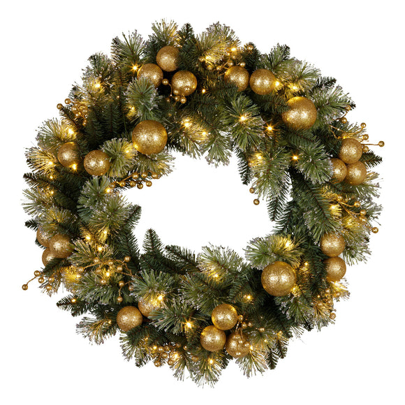 NNEDSZ Christabelle 61cm Christmas Wreath Glittery Tipped with LED Lights and Golden Baubles Front Door Decoration Ornament