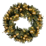 NNEDSZ Christabelle 61cm Christmas Wreath Glittery Tipped with LED Lights and Golden Baubles Front Door Decoration Ornament