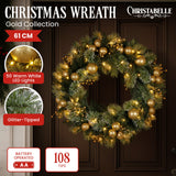 NNEDSZ Christabelle 61cm Christmas Wreath Glittery Tipped with LED Lights and Golden Baubles Front Door Decoration Ornament