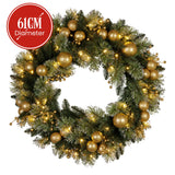 NNEDSZ Christabelle 61cm Christmas Wreath Glittery Tipped with LED Lights and Golden Baubles Front Door Decoration Ornament