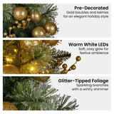NNEDSZ Christabelle 61cm Christmas Wreath Glittery Tipped with LED Lights and Golden Baubles Front Door Decoration Ornament