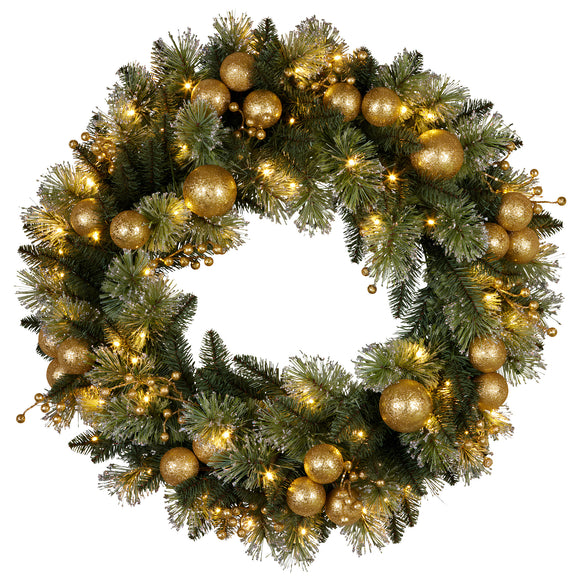 NNEDSZ Christabelle 76cm Christmas Wreath Glittery Tipped with LED Lights and Golden Baubles Front Door Decoration Ornament