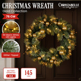 NNEDSZ Christabelle 76cm Christmas Wreath Glittery Tipped with LED Lights and Golden Baubles Front Door Decoration Ornament