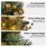 NNEDSZ Christabelle 76cm Christmas Wreath Glittery Tipped with LED Lights and Golden Baubles Front Door Decoration Ornament