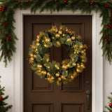 NNEDSZ Christabelle 76cm Christmas Wreath Glittery Tipped with LED Lights and Golden Baubles Front Door Decoration Ornament