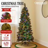 NNEDSZ Christabelle 7.5ft Christmas Tree Slim Glittery Gold Pine Led Lights Xmas Decor