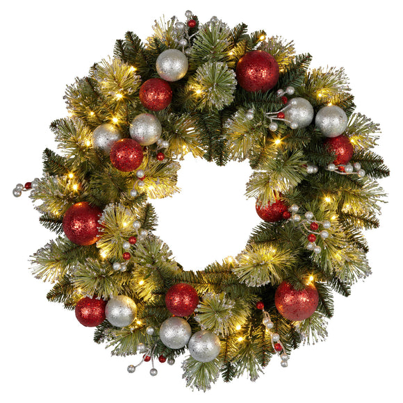 NNEDSZ Christabelle Stunning 61cm Christmas Wreath with LED Lights Baubles Berries Red Silver Front Door Decoration