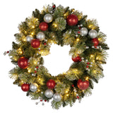 NNEDSZ Christabelle Stunning 61cm Christmas Wreath with LED Lights Baubles Berries Red Silver Front Door Decoration
