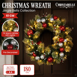 NNEDSZ Christabelle Stunning 61cm Christmas Wreath with LED Lights Baubles Berries Red Silver Front Door Decoration