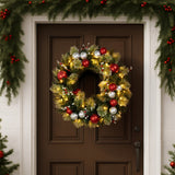 NNEDSZ Christabelle Stunning 61cm Christmas Wreath with LED Lights Baubles Berries Red Silver Front Door Decoration