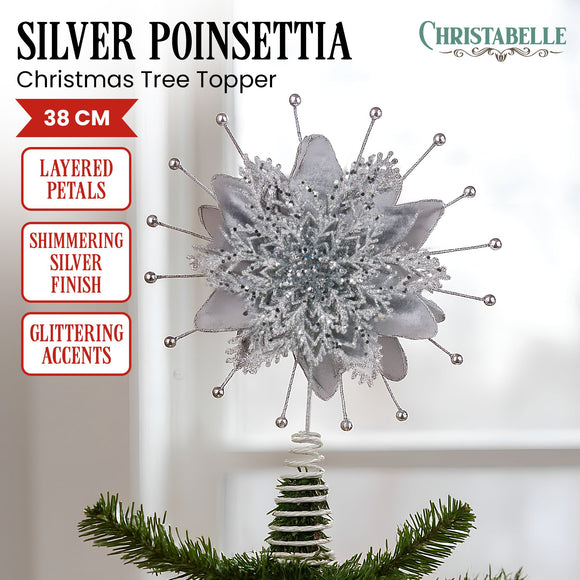 NNEDSZ Christabelle Christmas Tree Topper Poinsettia Decoration Ornament Silver Petals