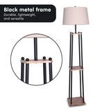 NNEDSZ Sarantino Metal Etagere Floor Lamp Wood shelf Cream Fabric Shade