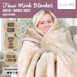 NNEDSZ Laura Hill 800-gsm Faux Mink Throw Rug Blanket Queen Size Double-sided Large 220 X 240cm Heavy - Cream