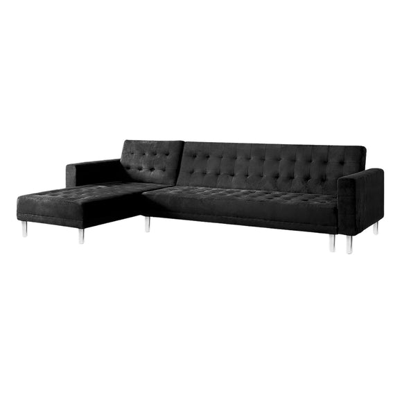 NNEDSZ Sarantino Faux Velveteen Corner Wooden Sofa Bed Couch with Chaise Black
