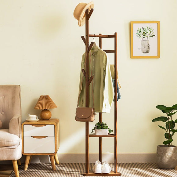 NNEDSZ Bamboo Clothes Coat Rack Garment Stand Shelf Tree Hanger Bag Hat Hook Holder Dark Brown