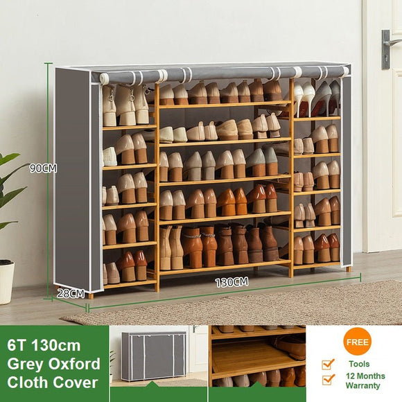 NNEDSZ Grey Cover Six Tier Oxford Cloth Covered Tower Bamboo Wooden Shoe Rack Boot Shelf Stand Storage Organizer