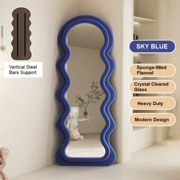 NNEDSZ 1.7m Elegance Curvy Floor Mirror Wavy Full Lenght Curvy Squiggle Full Body Irregular Asymmetrical Floor Home Decor Blue