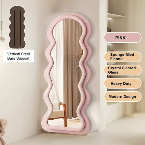 NNEDSZ 1.7m Elegance Curvy Floor Mirror Wavy Full Lenght Curvy Squiggle Full Body Irregular Asymmetrical Floor Home Decor Pink