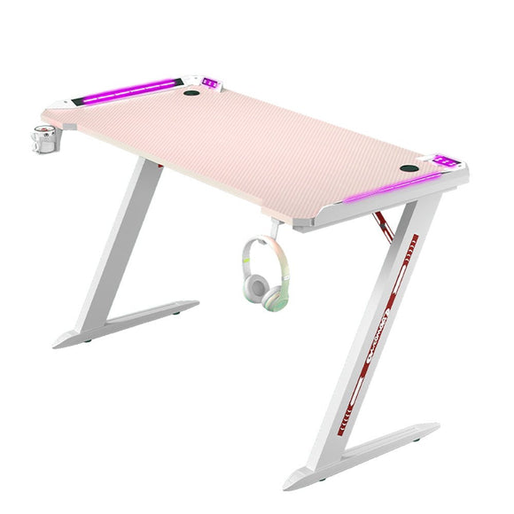 NNEDSZ 140cm RGB Gaming Desk Home Office Carbon Fiber Led Lights Game Racer Computer PC Table Z-Shaped Pink