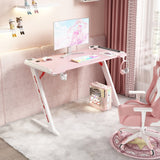 NNEDSZ 140cm RGB Gaming Desk Home Office Carbon Fiber Led Lights Game Racer Computer PC Table Z-Shaped Pink