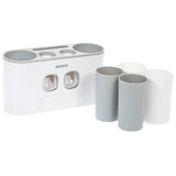 NNEDSZ Ecoco Wall-Mounted Toothbrush Holder with 2 Toothpaste Dispensers 4 Cups and 5 Toothbrush Slots Toiletries Bathroom Storage Rack (Grey)